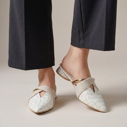 Structured Embossed Pointed Mules with Metallic Accent