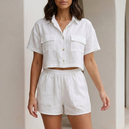 Button Front Pocket Shirt and Shorts Lounge Set
