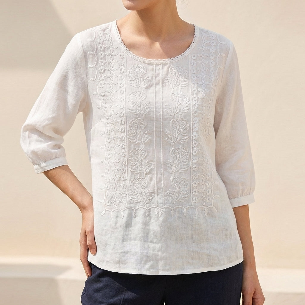 Relaxed Embroidered Blouse with Lace Trim and Pintuck Detail
