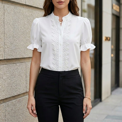 Tailored Stand-Up Collar Shirt with Lace Splicing and Puff Sleeves