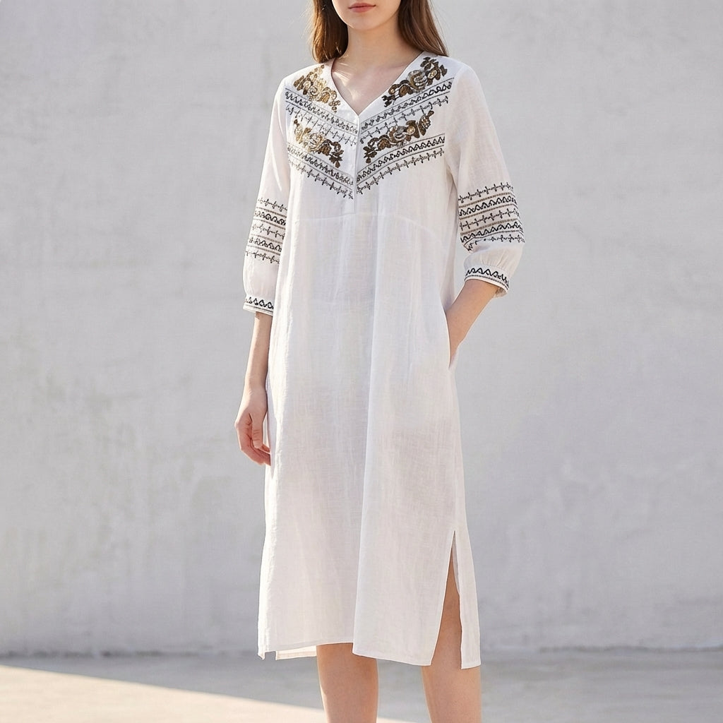 Embroidered Ethnic-Inspired Midi Dress with Split V-Neck