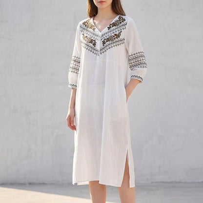 Embroidered Ethnic-Inspired Midi Dress with Split V-Neck