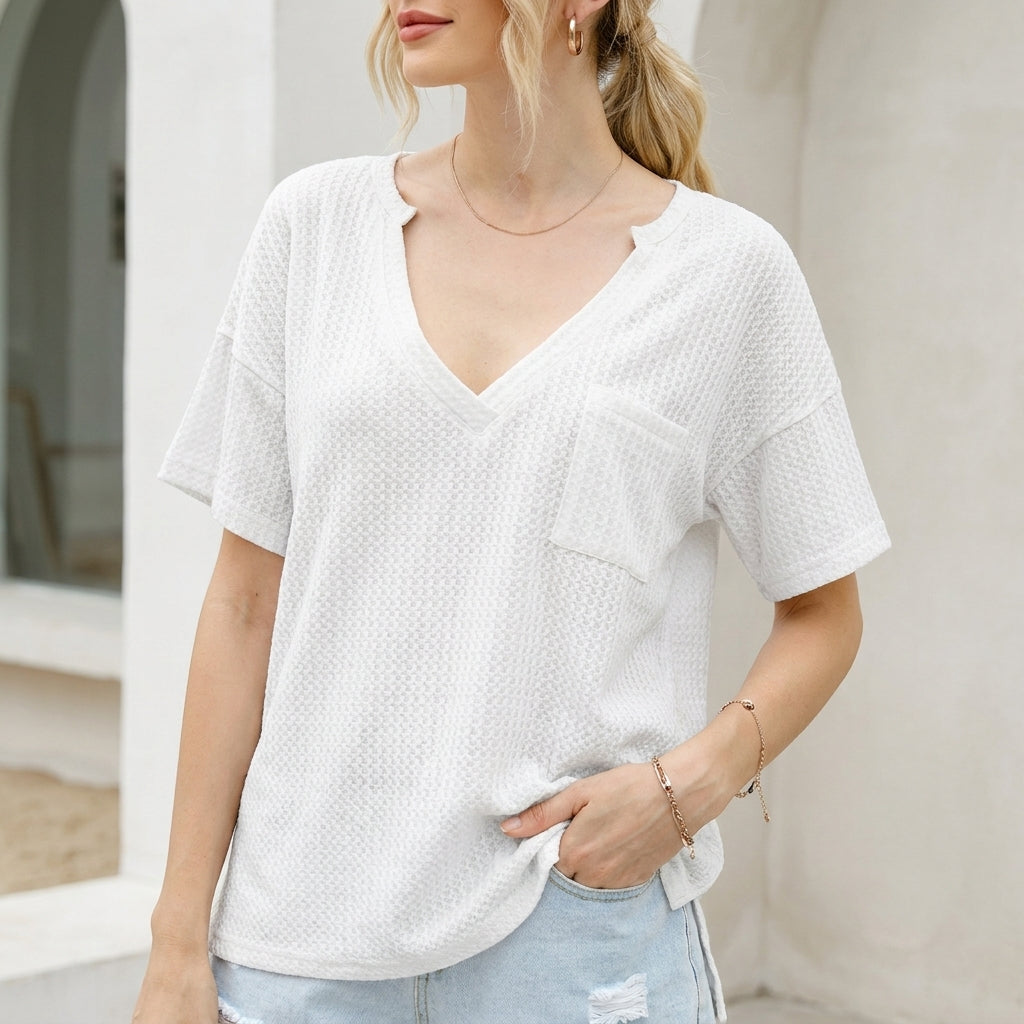 Relaxed Waffle-Knit V-Neck T-Shirt with Drop Shoulder and Chest Pocket