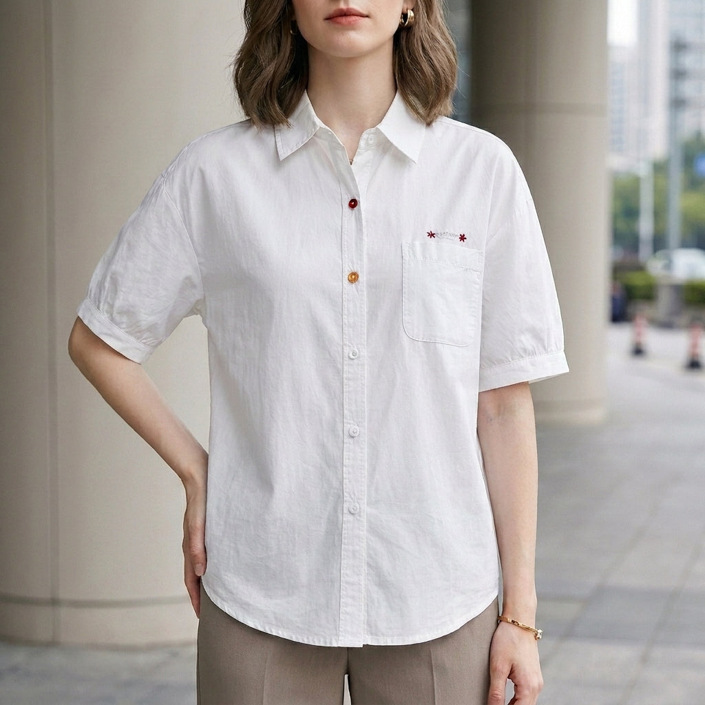 Classic Puff Sleeve Button-Front Everyday Shirt Blouse