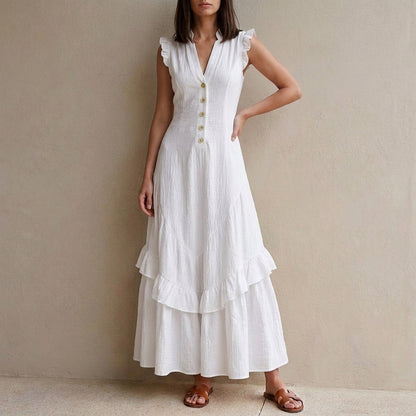 Ruffle Sleeve Button Front Midi Dress with Tiered Hem