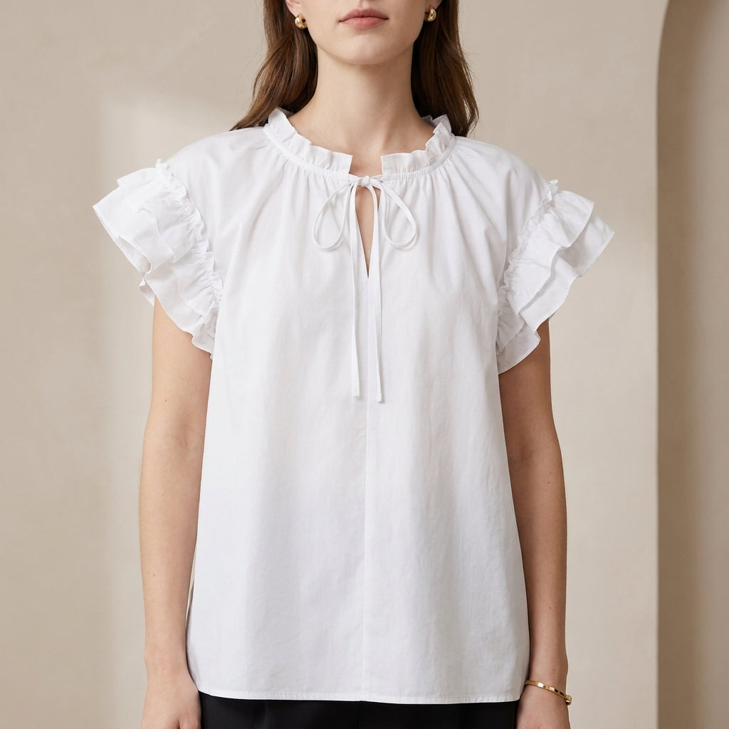 Romantic Ruffle Sleeve Loose Blouse with Tiered Collar Tie Detail