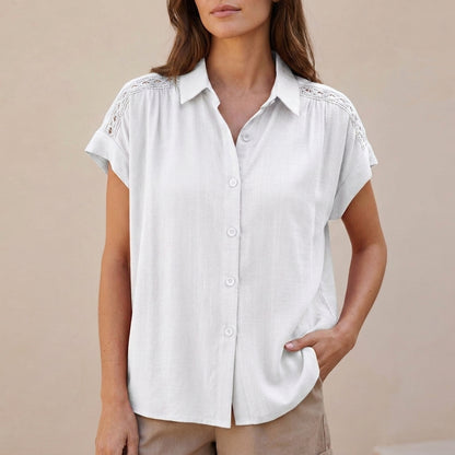 Relaxed Short-Sleeve Blouse with Delicate Crochet Lace Accents