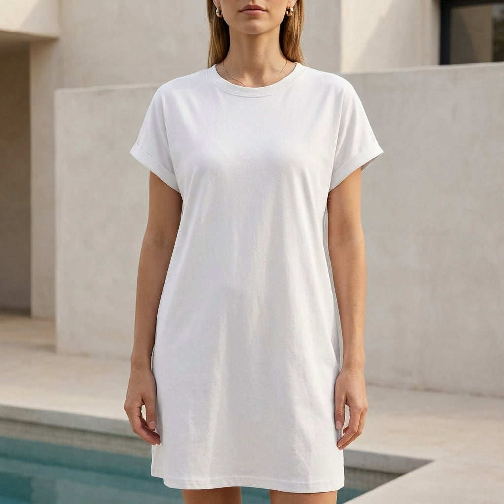 Relaxed Mini Dress with Ribbed Crew Neck and Rolled Cuffs
