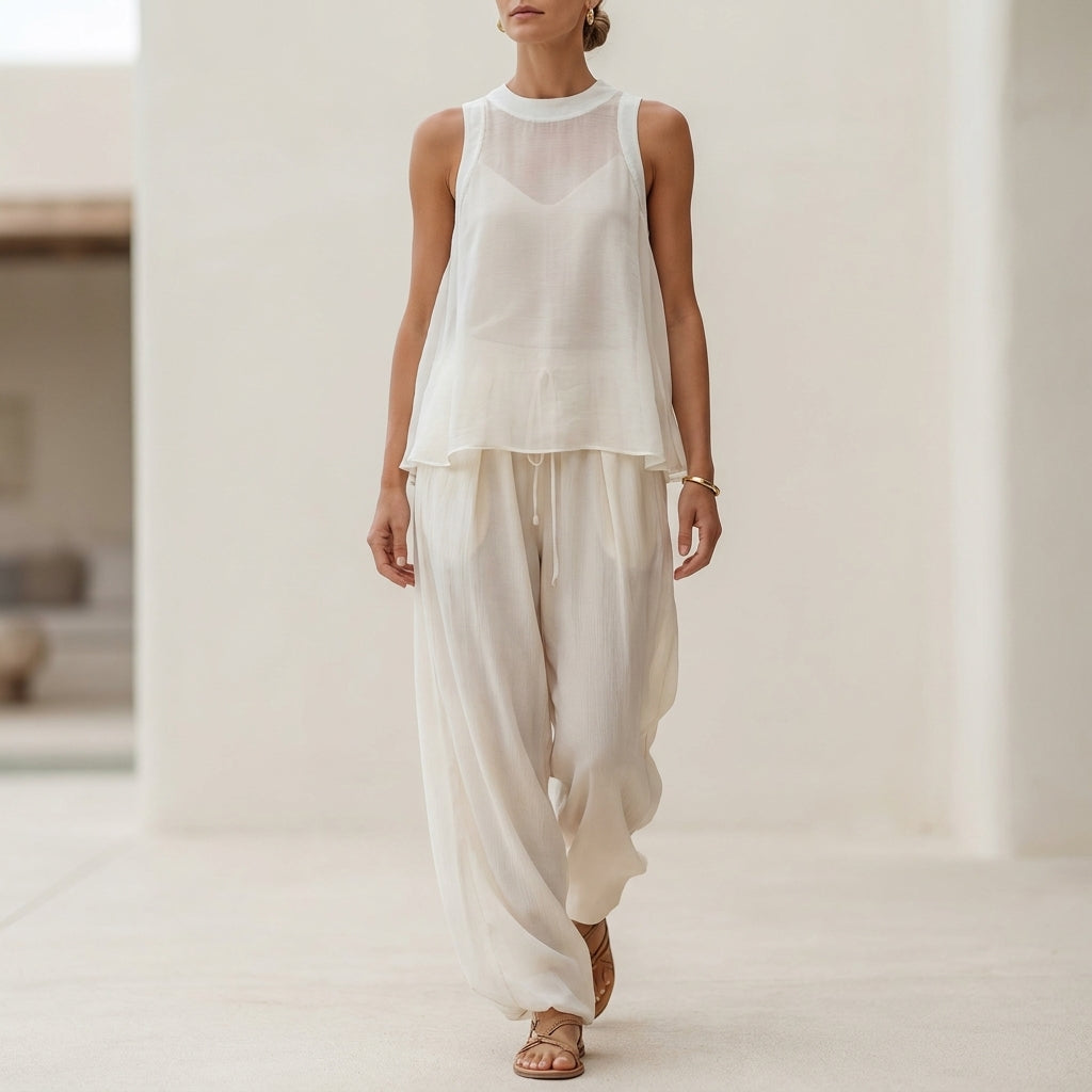 Flowing Semi-Sheer Two-Piece Set with Draped Wide-Leg Trousers