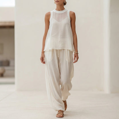 Flowing Semi-Sheer Two-Piece Set with Draped Wide-Leg Trousers