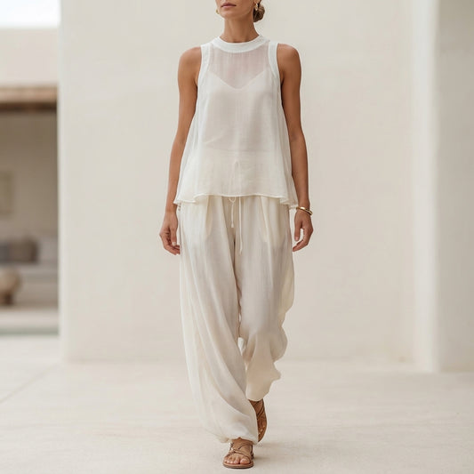 Flowing Semi-Sheer Two-Piece Set with Draped Wide-Leg Trousers