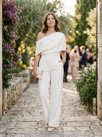 Jovina One-Shoulder Draped Bodice Jumpsuit with Wide-Leg Silhouette