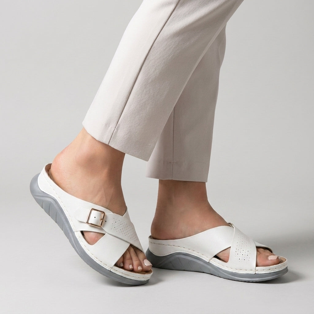 Buckle Accent Cross-Strap Comfort Slide Sandals
