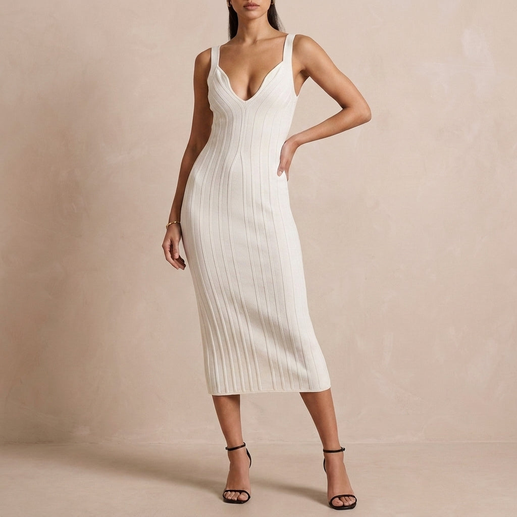 Structured Knit Midi Dress with Plunging Neckline