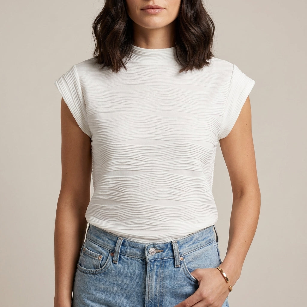 Textured Mock Neck Cap Sleeve Top with Sculpted Silhouette
