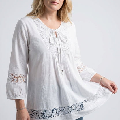 Loose-Fit Lace Patchwork Top with Tie-Neck and Beaded Accents