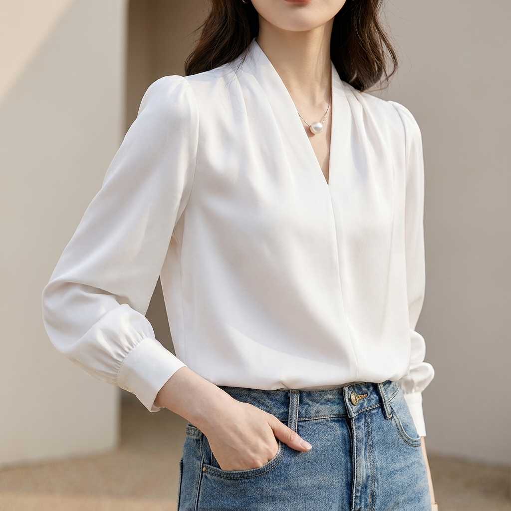 Tailored V-Neck Puff Sleeve Blouse with Pleated Shoulders