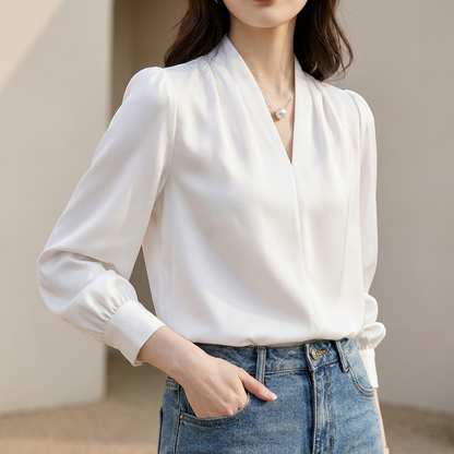 Tailored V-Neck Puff Sleeve Blouse with Pleated Shoulders