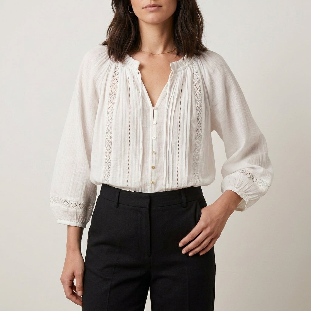 Romantic Lace Trim Blouse with Gathered Neckline Details