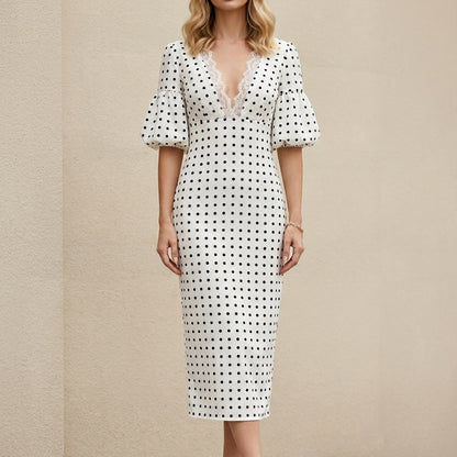 Parisian Charm Polka Dot Lace Trim Midi Dress