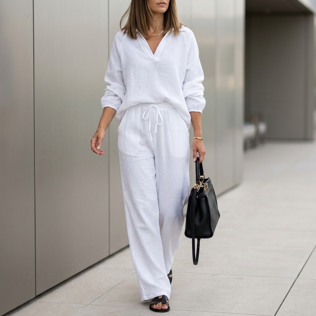 Oversized Two-Piece Crinkle-Texture Suit with Relaxed Silhouette and Drawstring Waist