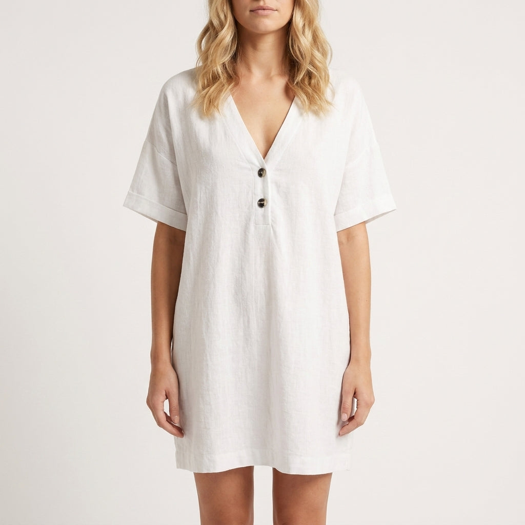 Relaxed V-Neck Mini Dress with Button Placket and Curved Hemline