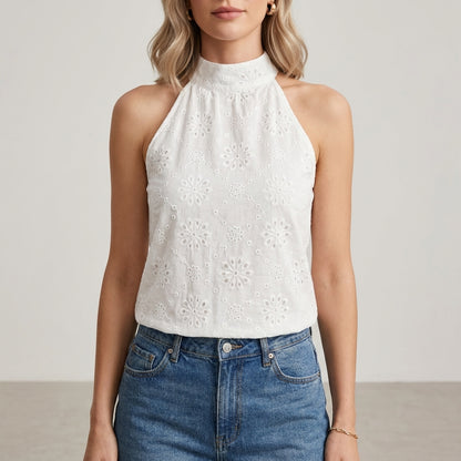 Eyelet Halter Neck Blouse with Keyhole Back Detail