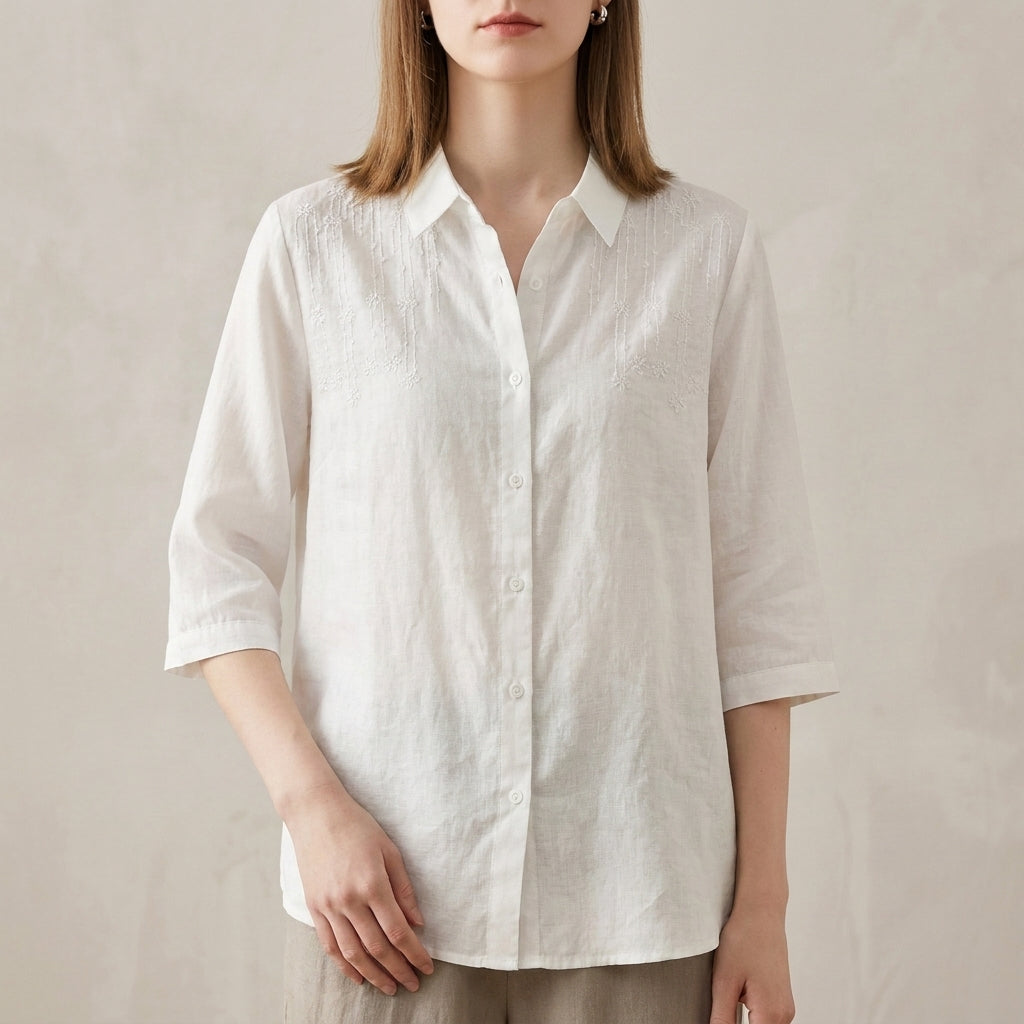 Relaxed Fit Button-Up Shirt with Tonal Floral Embroidery and Classic Collar