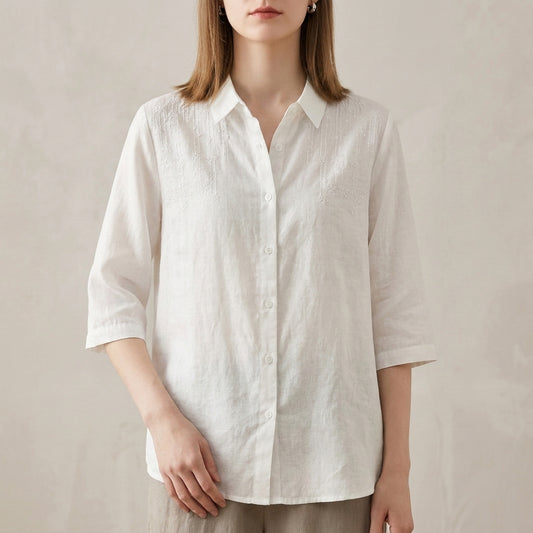Relaxed Fit Button-Up Shirt with Tonal Floral Embroidery and Classic Collar