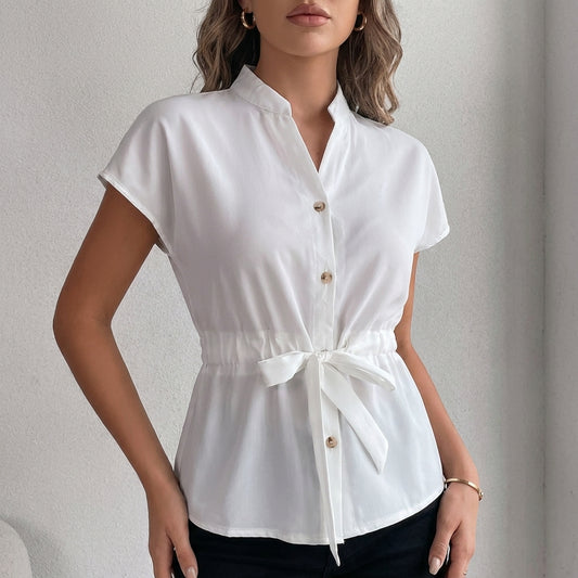 Tie Waist Button Front Blouse for Effortless Chic