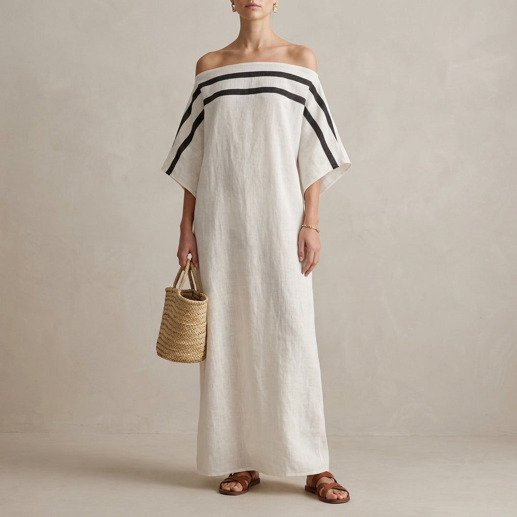 Oversized Off-Shoulder Striped Maxi Dress with Draped Sleeves