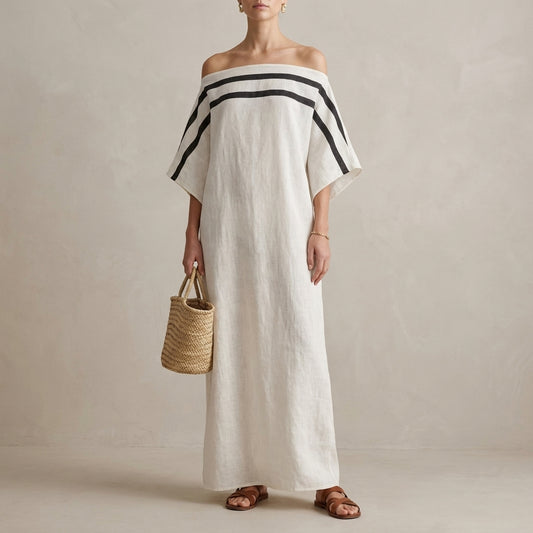 Oversized Off-Shoulder Striped Maxi Dress with Draped Sleeves