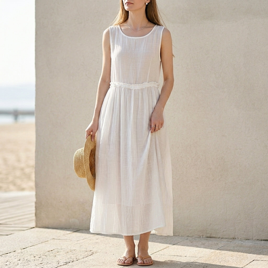 Sleeveless Maxi Tank Dress with Drawstring Waist and Crinkled Texture