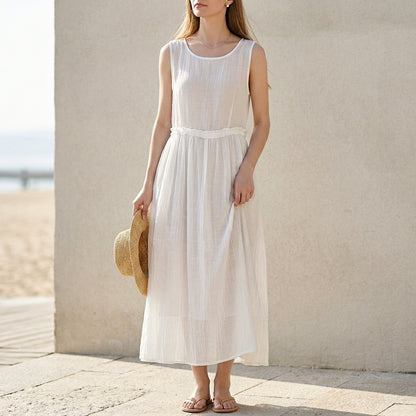 Sleeveless Maxi Tank Dress with Drawstring Waist and Crinkled Texture