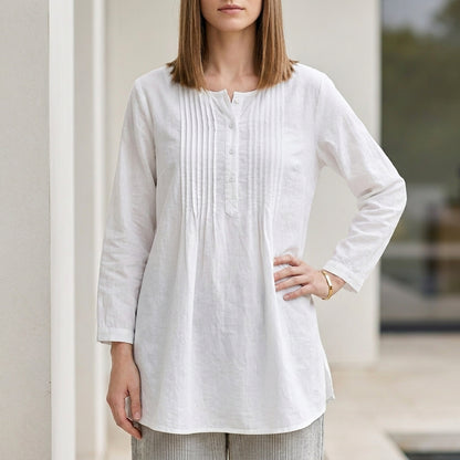 Relaxed Oversized Long-Sleeve Shirt with Pin-Tuck Pleat Detail