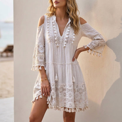 Bohemian Lace-Embroidered Mini Dress with Cold-Shoulder Tassel Details