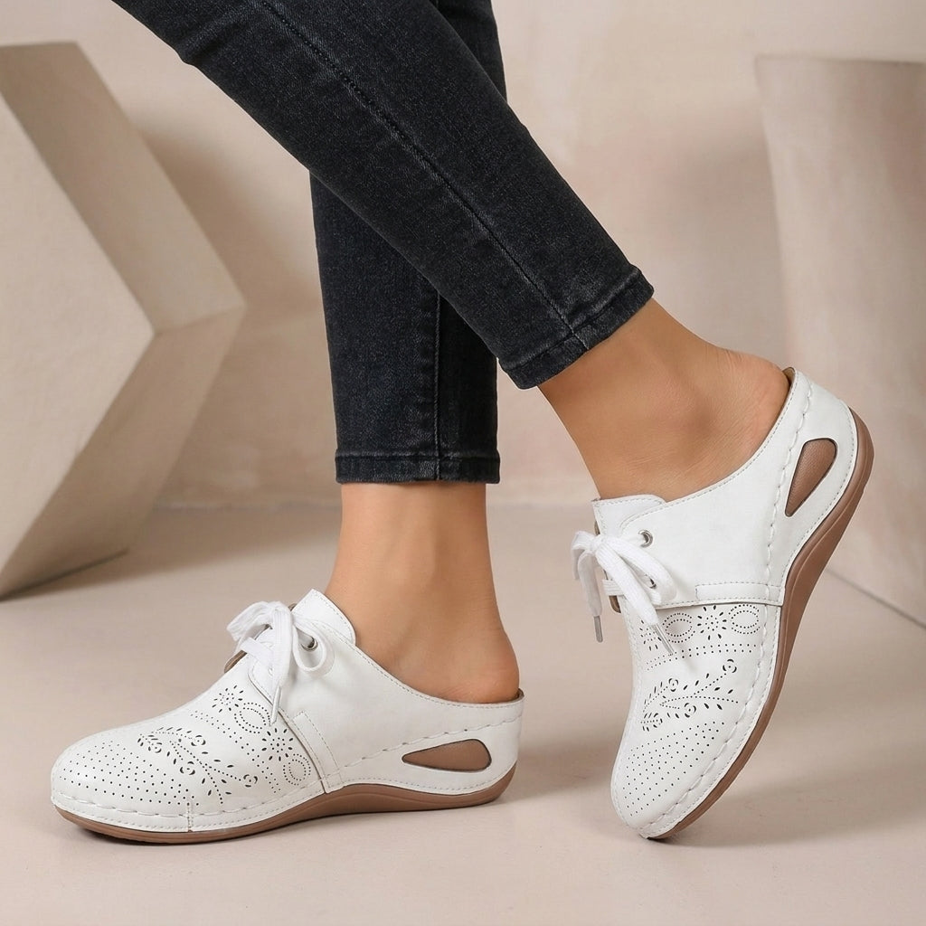 Lace-up Wedge Mules with Perforated Detail and Contrast Stitching