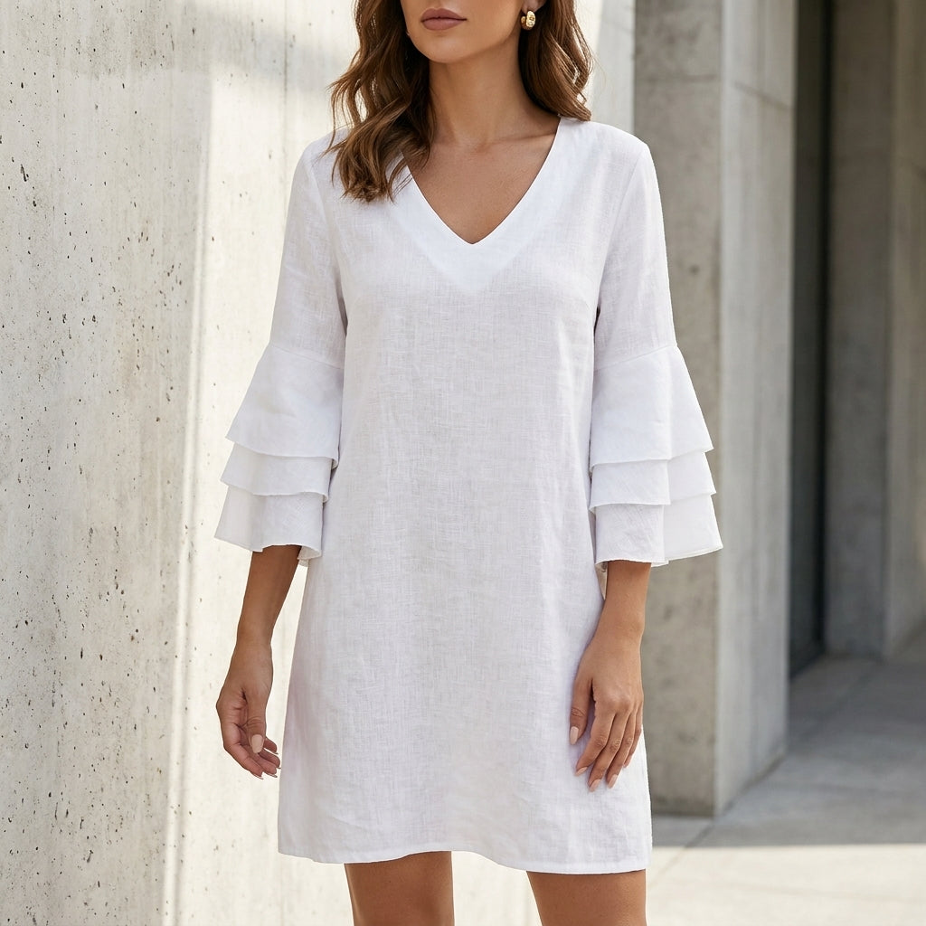 Tiered Sleeve Mini Dress with Relaxed V-Neck Silhouette