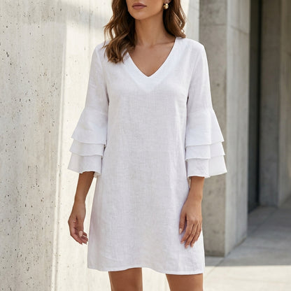 Tiered Sleeve Mini Dress with Relaxed V-Neck Silhouette