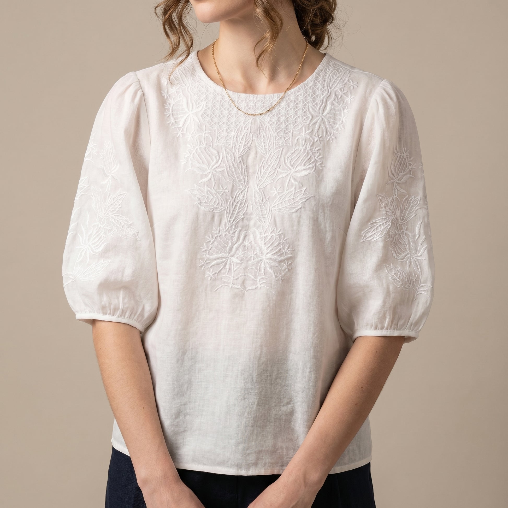 Relaxed Woven Top with Intricate Floral Embroidery and Puff Sleeves