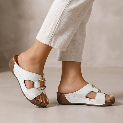 Structured Wedge Sandals with Embossed Texture and Metal Buckle Detail