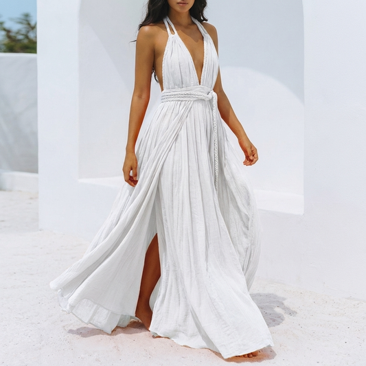 Ethereal Bohemian Backless Maxi Dress with Draped Bandage Waist