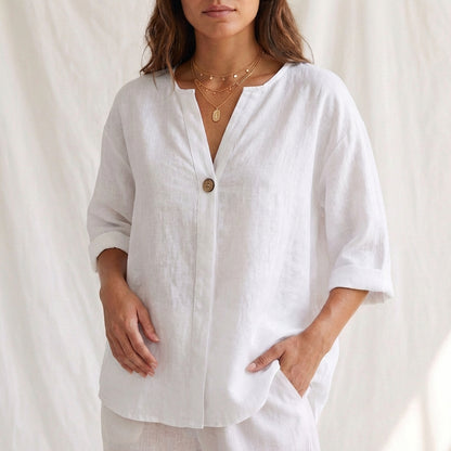 Cotton Linen V-Neck Blouse with Button Front and Cuffed Sleeves