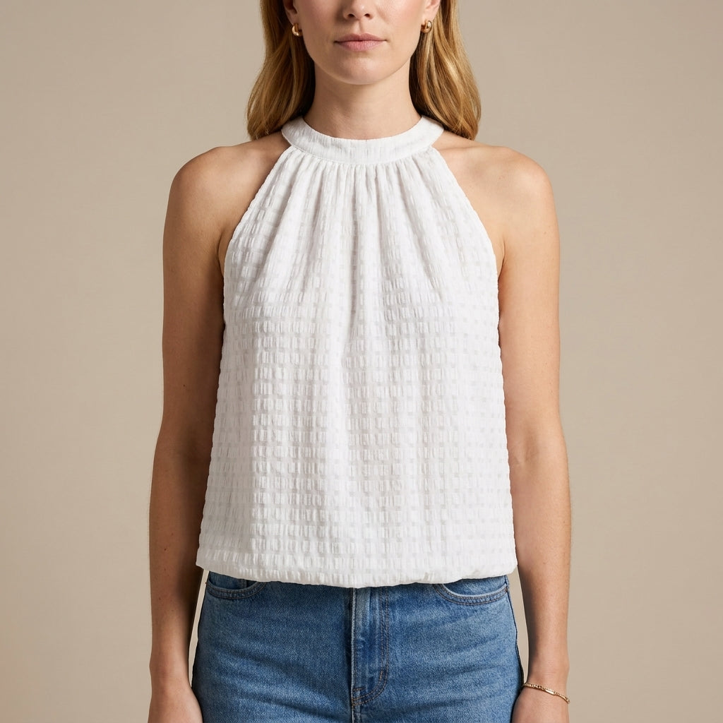 Textured Mock Neck Sleeveless Summer Blouse