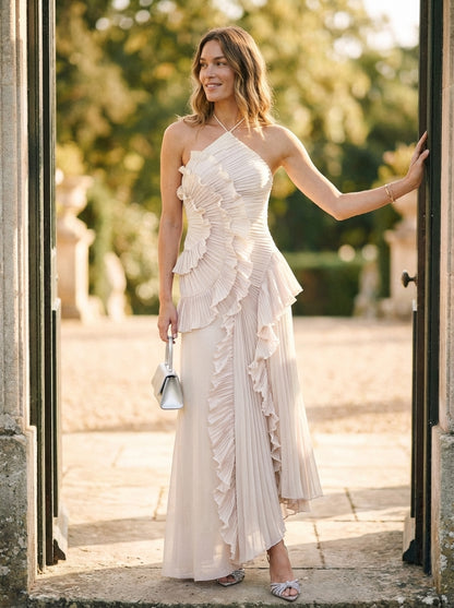 Halter Maxi Dress with Ruched Bodice and Ruffled Pleated Skirt