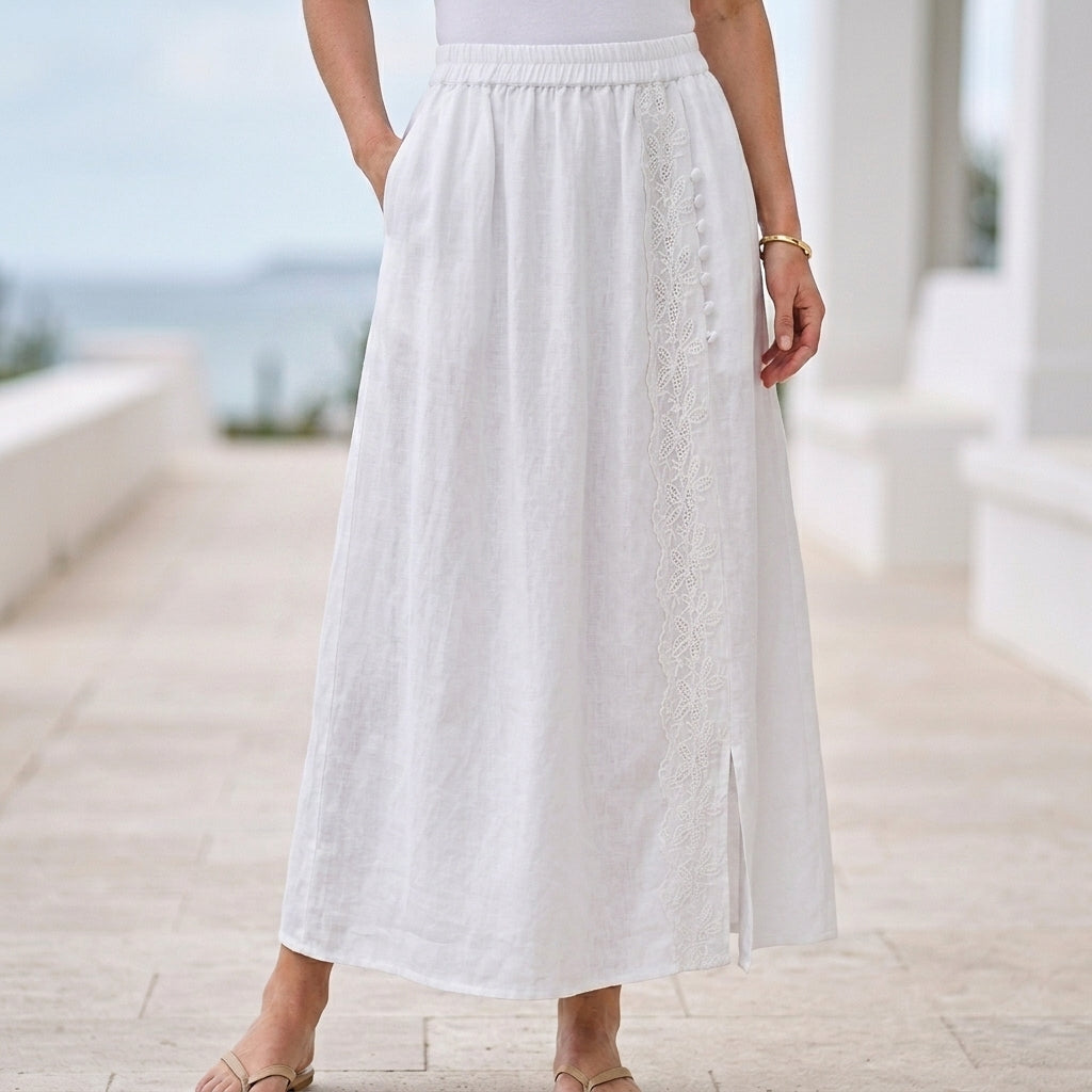 Graceful Lace-Trim Button Detail Midi Skirt