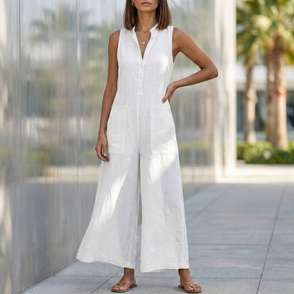 Textured Wide-Leg Sleeveless Jumpsuit with Stand Collar and Pockets