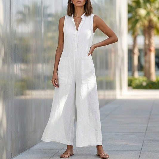 Textured Wide-Leg Sleeveless Jumpsuit with Stand Collar and Pockets