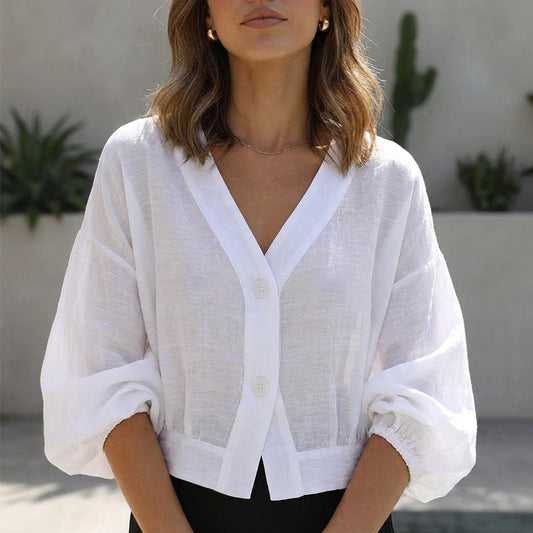 Breezy Cropped Blouse with Voluminous Balloon Sleeves