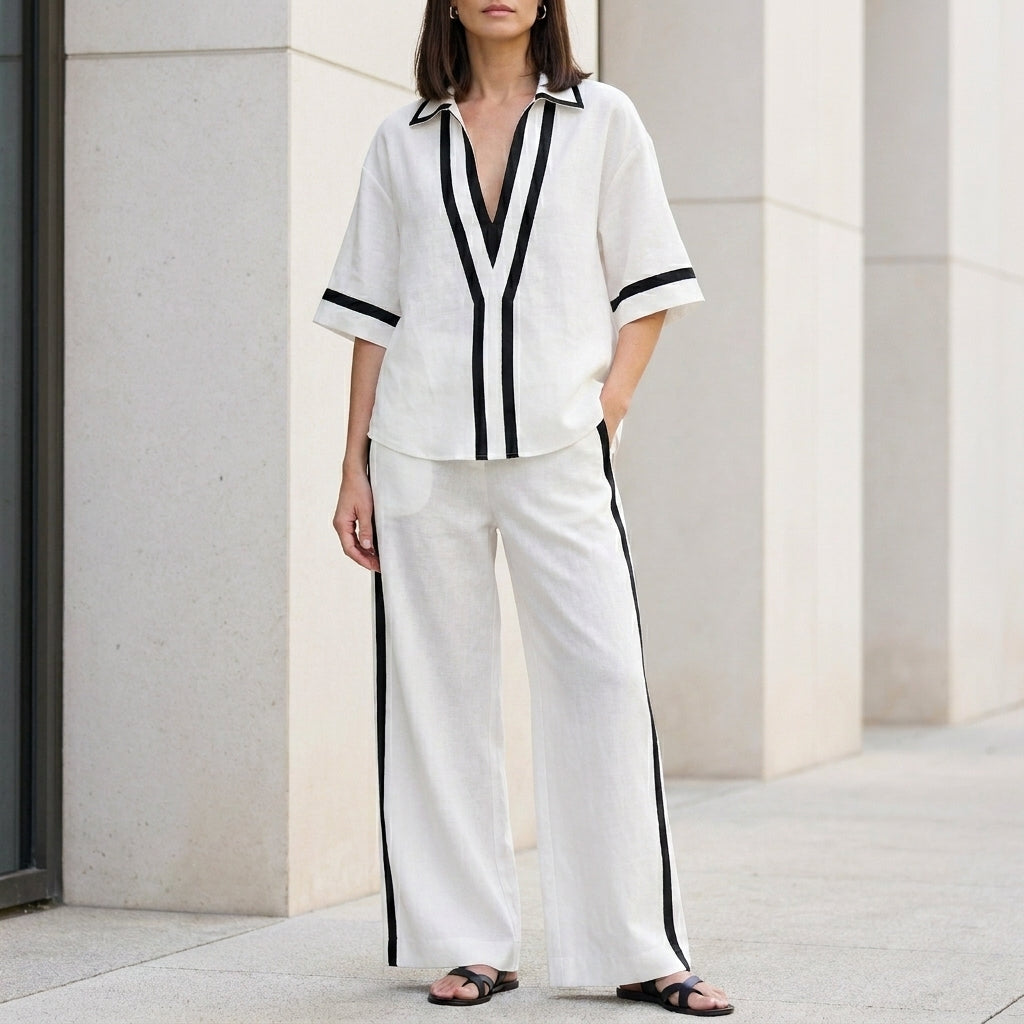 Coastal Chic Contrast Trim Top and Wide-Leg Pants Set
